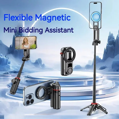 Flexible magnetic mini selfie stick shown in four modes - handheld, folded, magnetic grip and tripod
