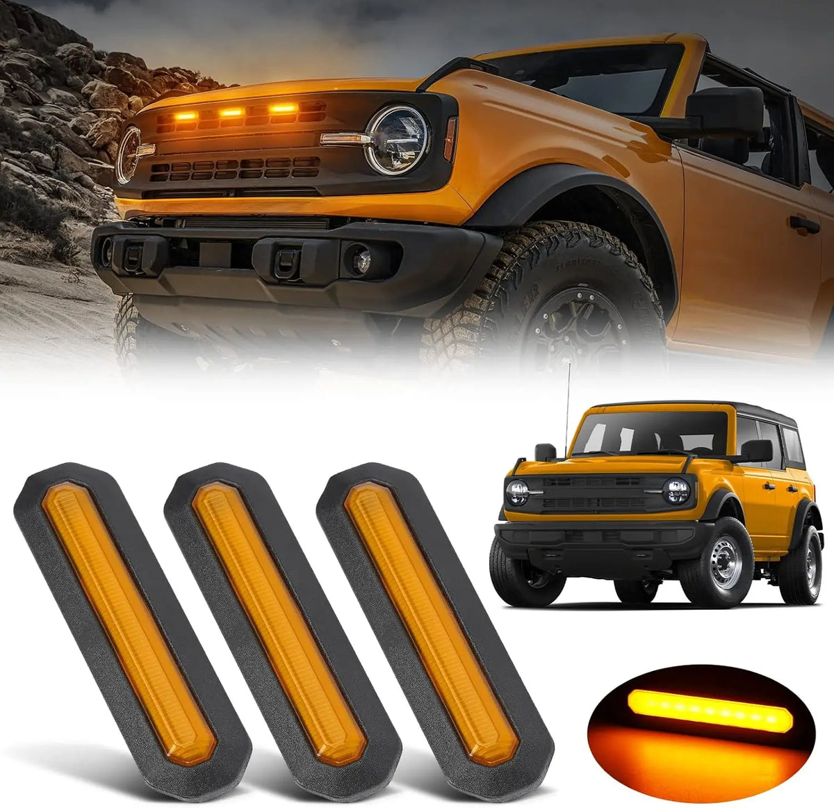 For Ford Bronco,Amber Grill Lamps Kit 3PCS Front Grille Makers