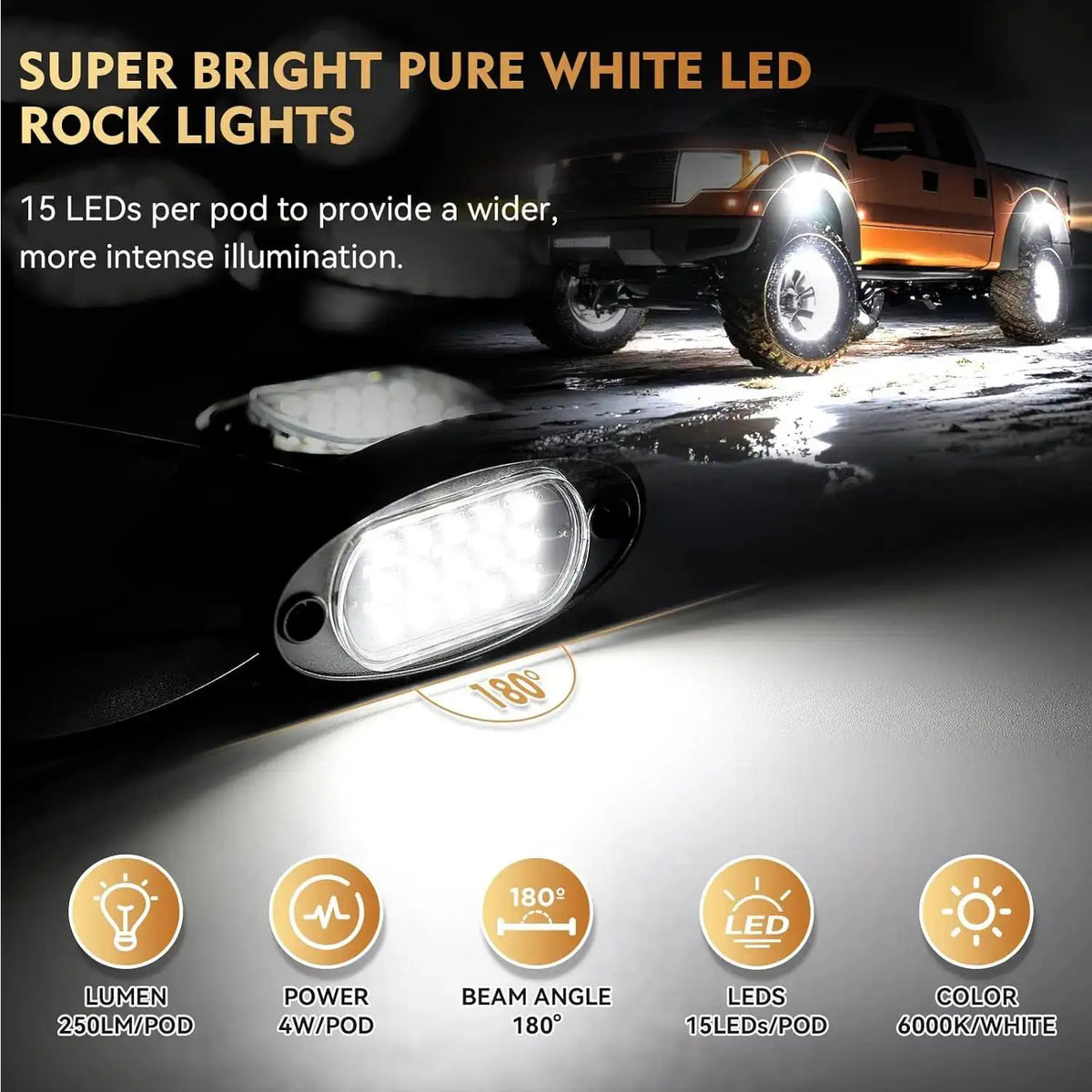 For Underglow Lighting 6000K Pure White Rock Kit Pods Extension