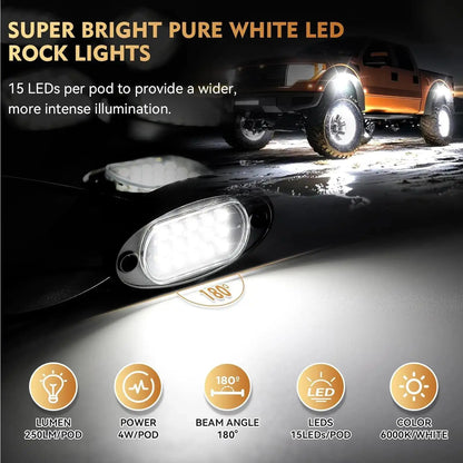 For Underglow Lighting 6000K Pure White Rock Kit Pods Extension
