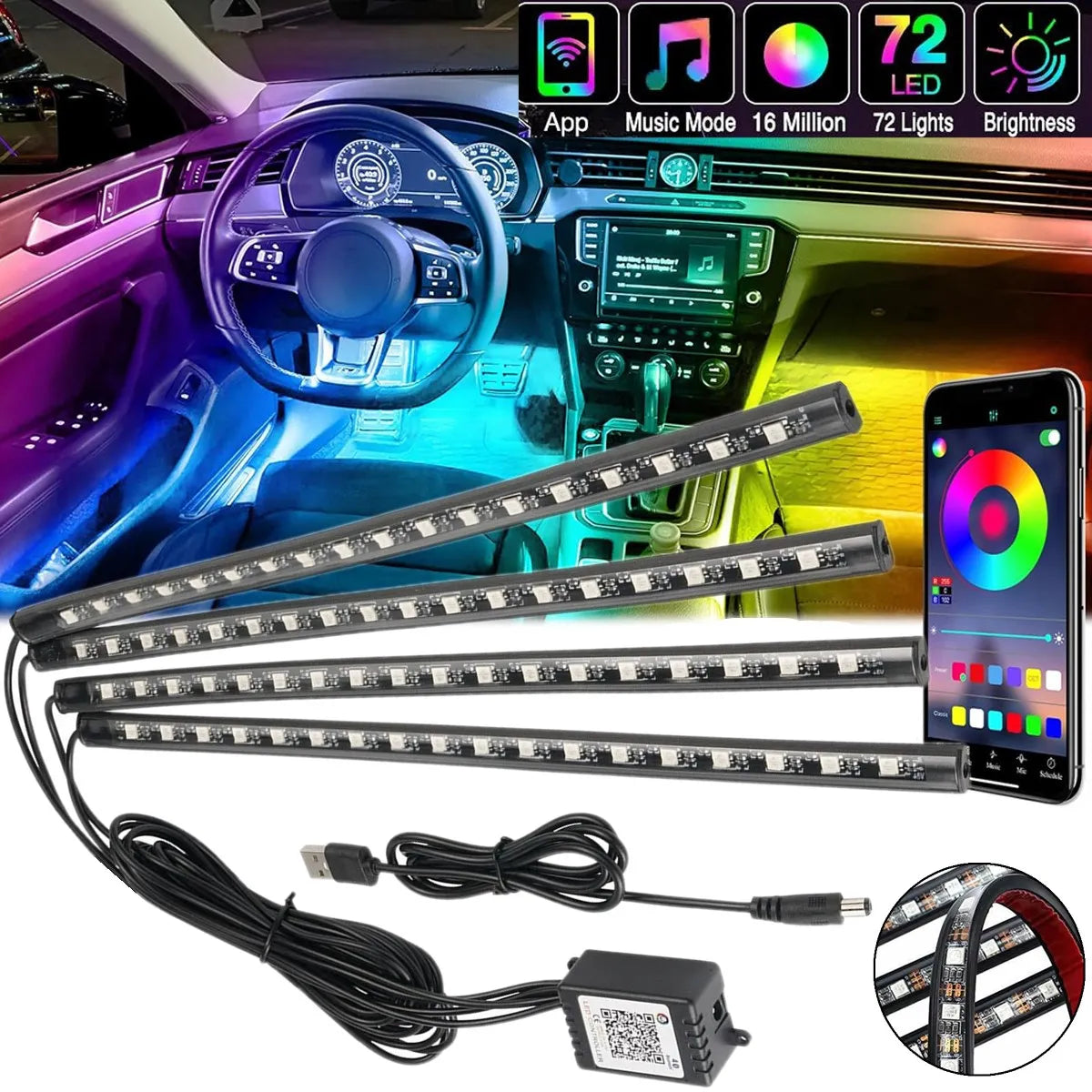 4PCS RGB Interior Atmosphere Strips USB Ambient Floor Lighting