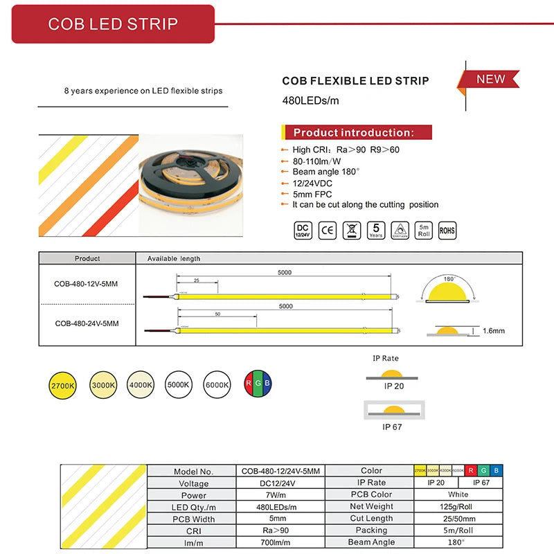 5MM Super Thin Cob Strip 480 Leds dc12v 24V