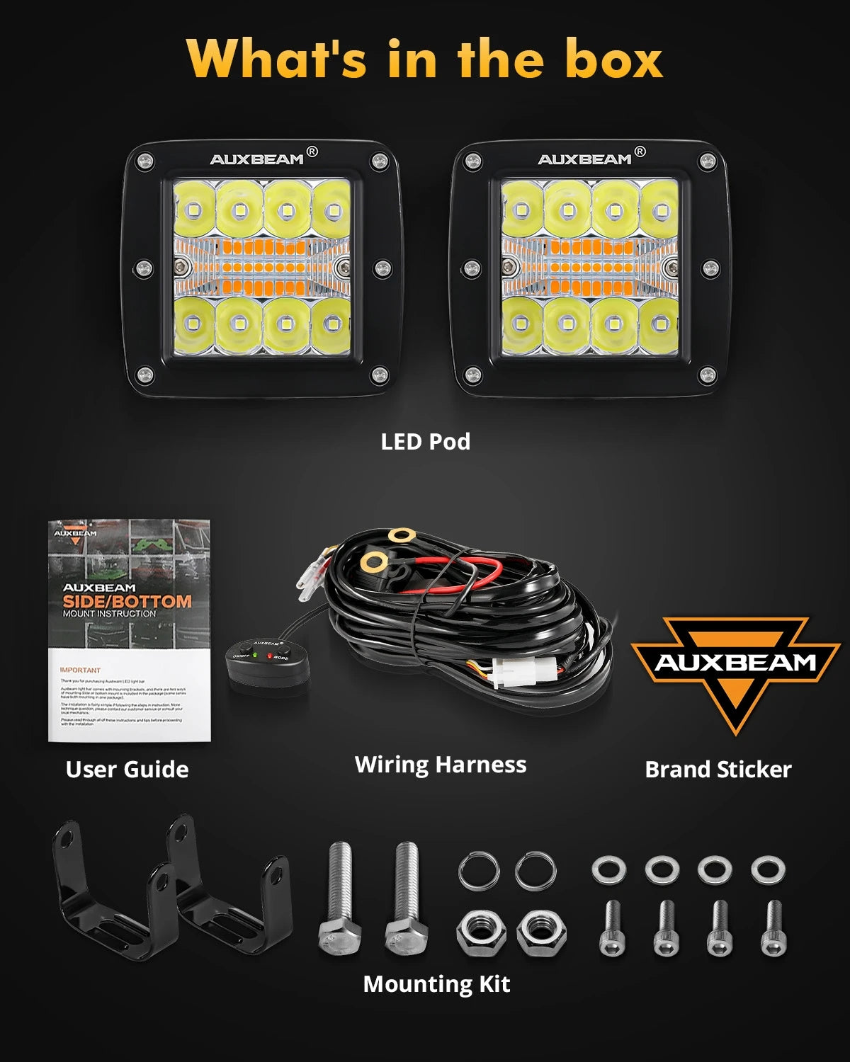 Auxbeam 3inch 72W Square Work Pod Dual Color Lighting