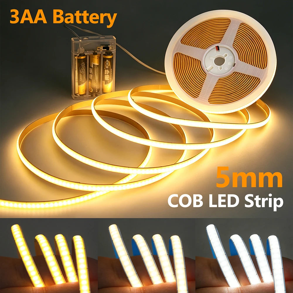 For Under Cabinet Bedroom Decor 5V Cob Strip Battery Power