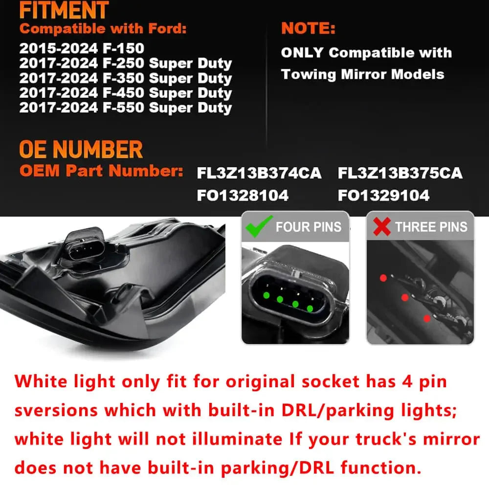 For Ford F150 2015-2024 F250 F350 4PIN Rearview Mirror Turn