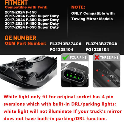 For Ford F150 2015-2024 F250 F350 4PIN Rearview Mirror Turn