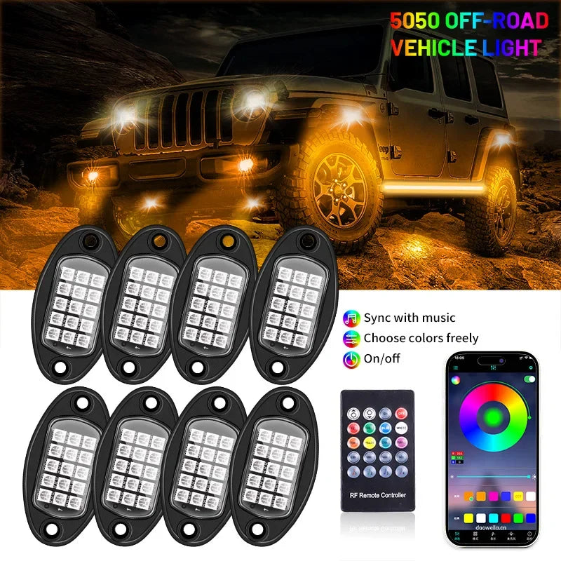 4/6/8/10/12 Pods RGB LED Rock Light APP Control Music Neon Car Underglow Chassis Light for Offroad Truck SUV Rock Ambien