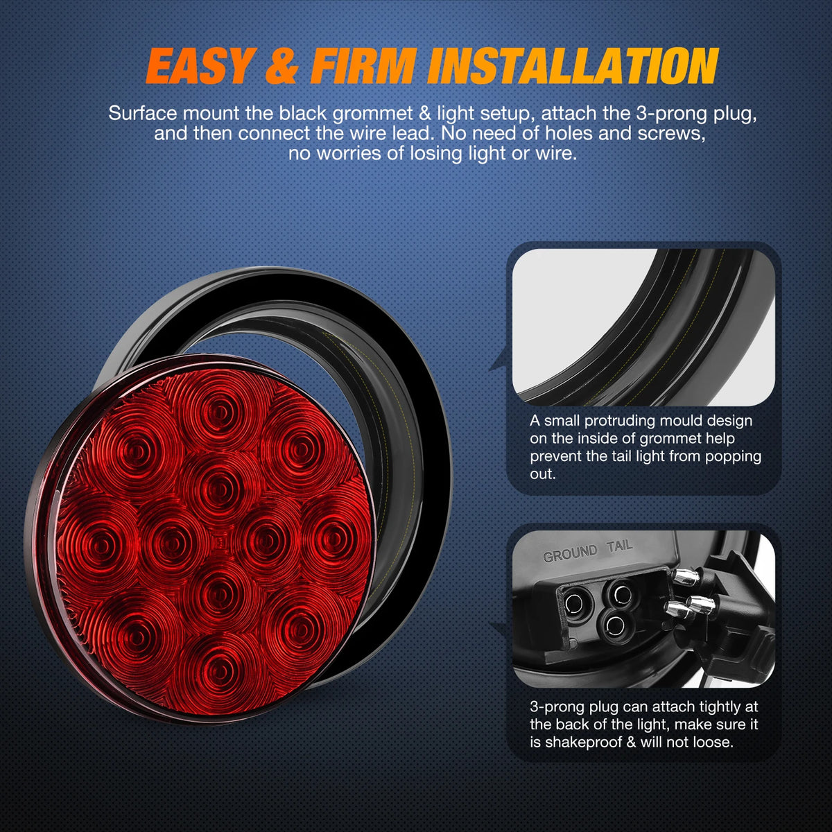 Nilight Round Red Trailer Tail Surface Mount Grommet Plugs