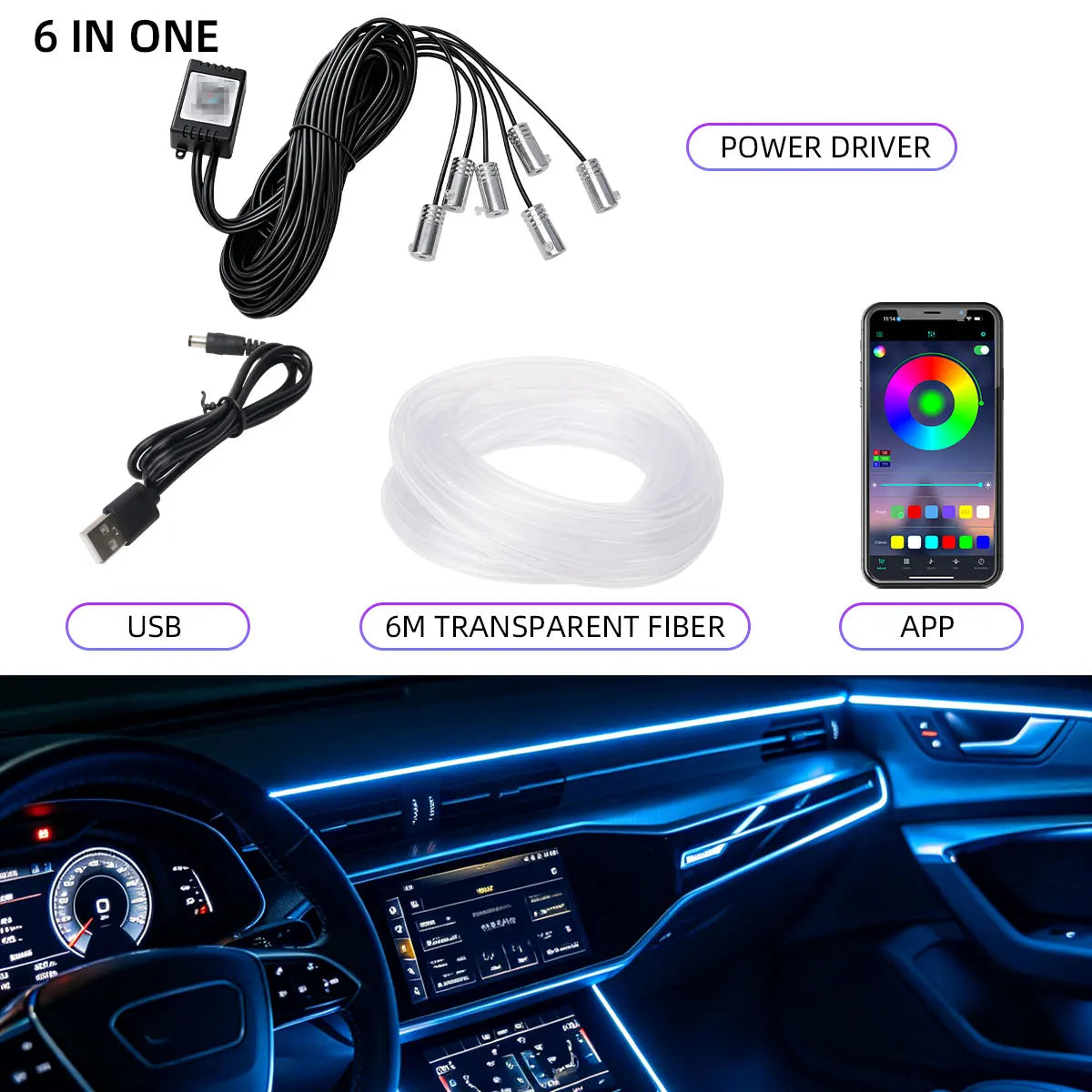 6IN1 Interior fiber-optic Ambient Atmosphere Strip APP Control