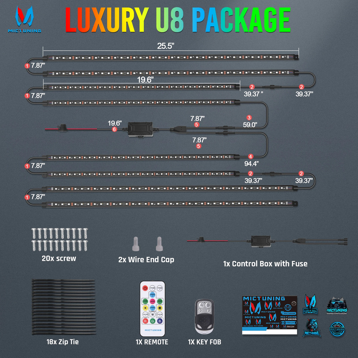 U8 rgb+ic Underglow Strip Dual Remote Control Chase Colour