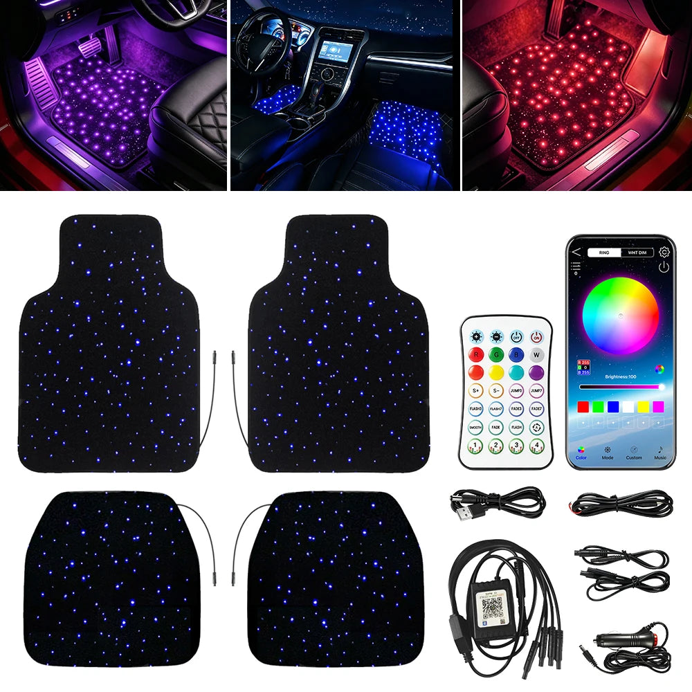 4PCS Starlight Floor Mats APP Control Washable Fiber Optic