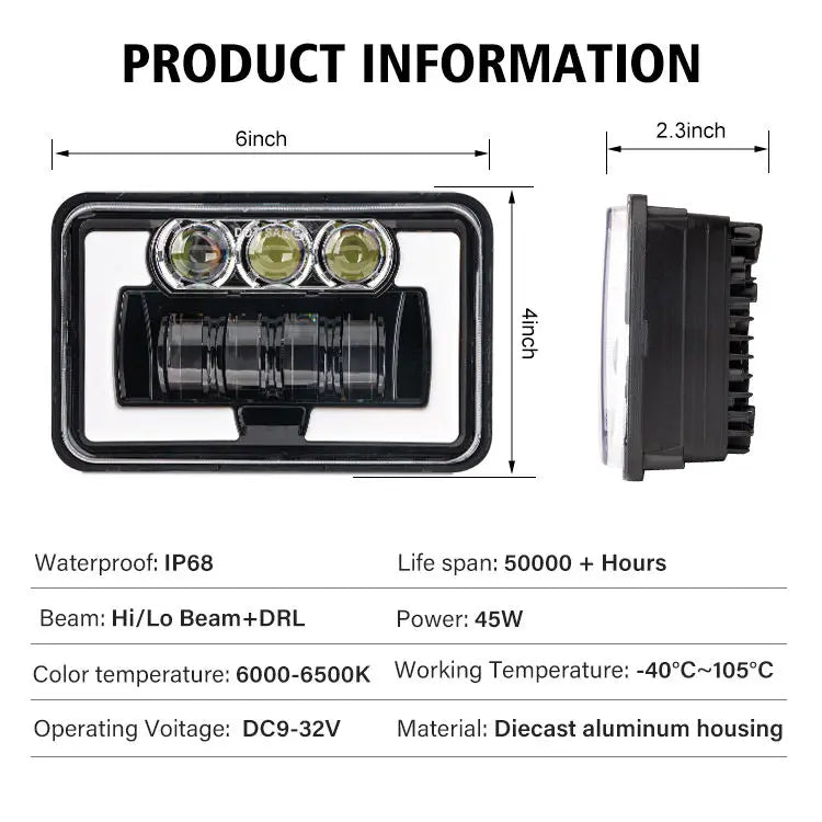 Square 4X6 Headlamp Hi Low Beam Amber Drl Turn