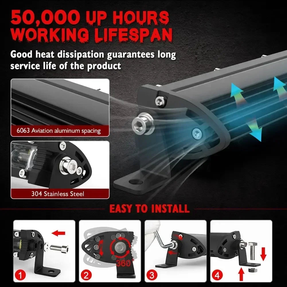 For Motorcycle 6D Ultra Strip Bar Inch Driving Fog Work 4X4