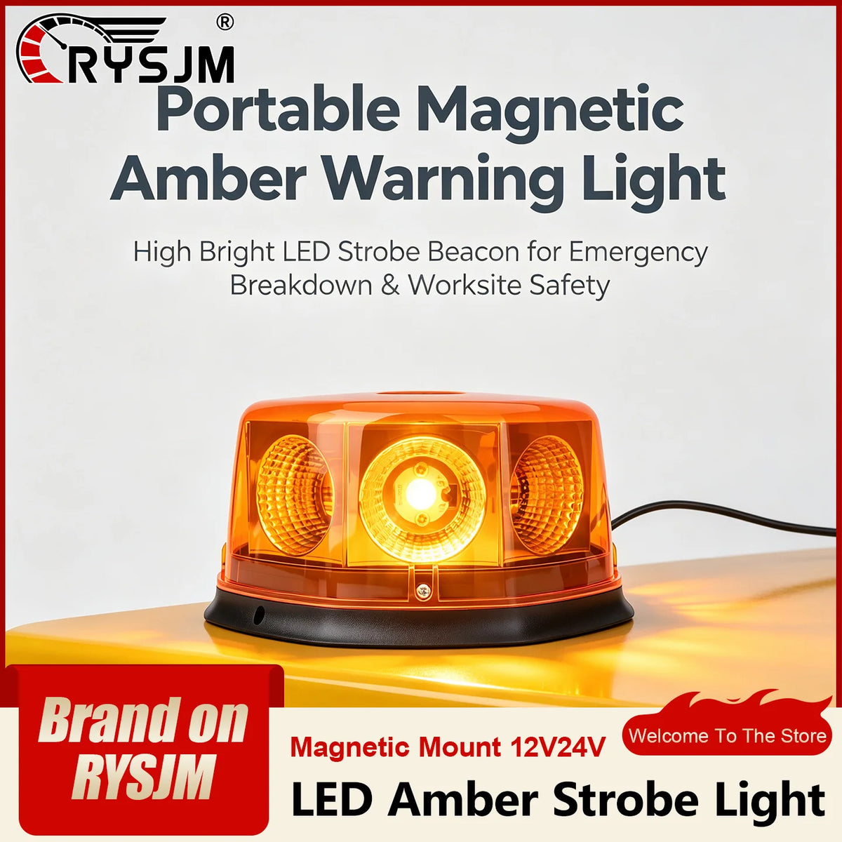 12v24v Amber Warning Beacon Magnetic Roof Mount Strobe Flashlight