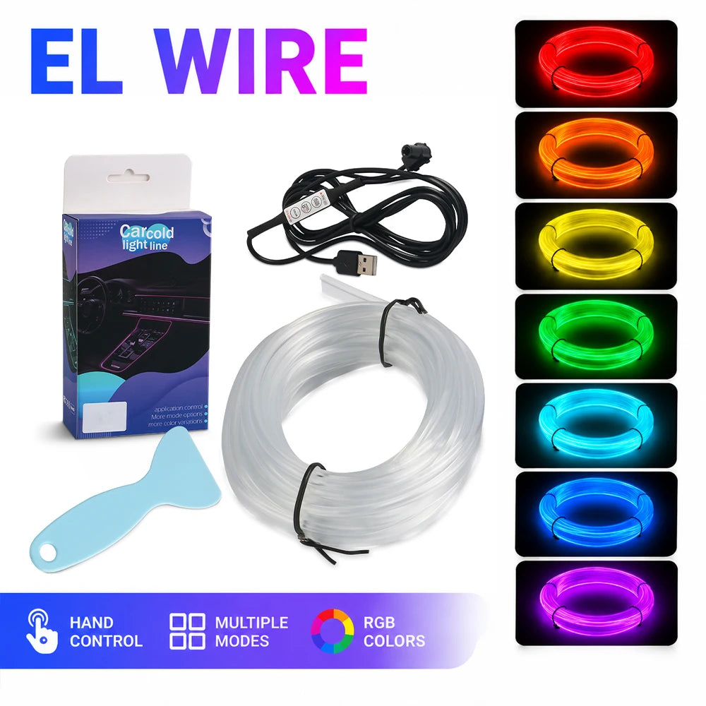 1M/3M/5M Car LED Ambient Light Interior Decoration EL Wiring RGB Neon Strip For Car DIY Flexible Atmosphere Lighting Wit