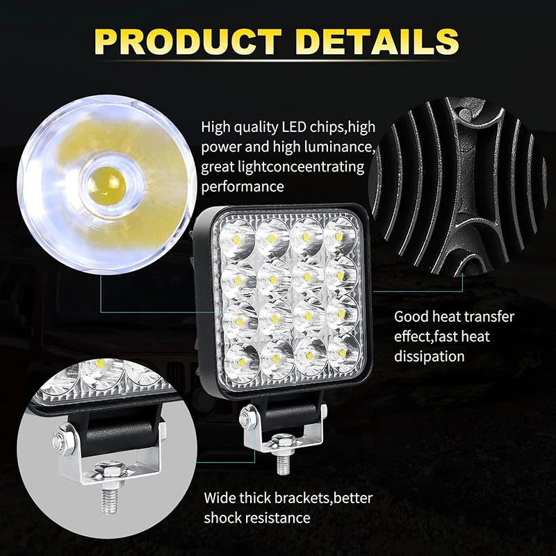 For Tractor Trailer 48W Work Square 12V 24V Spot Beam Offroad
