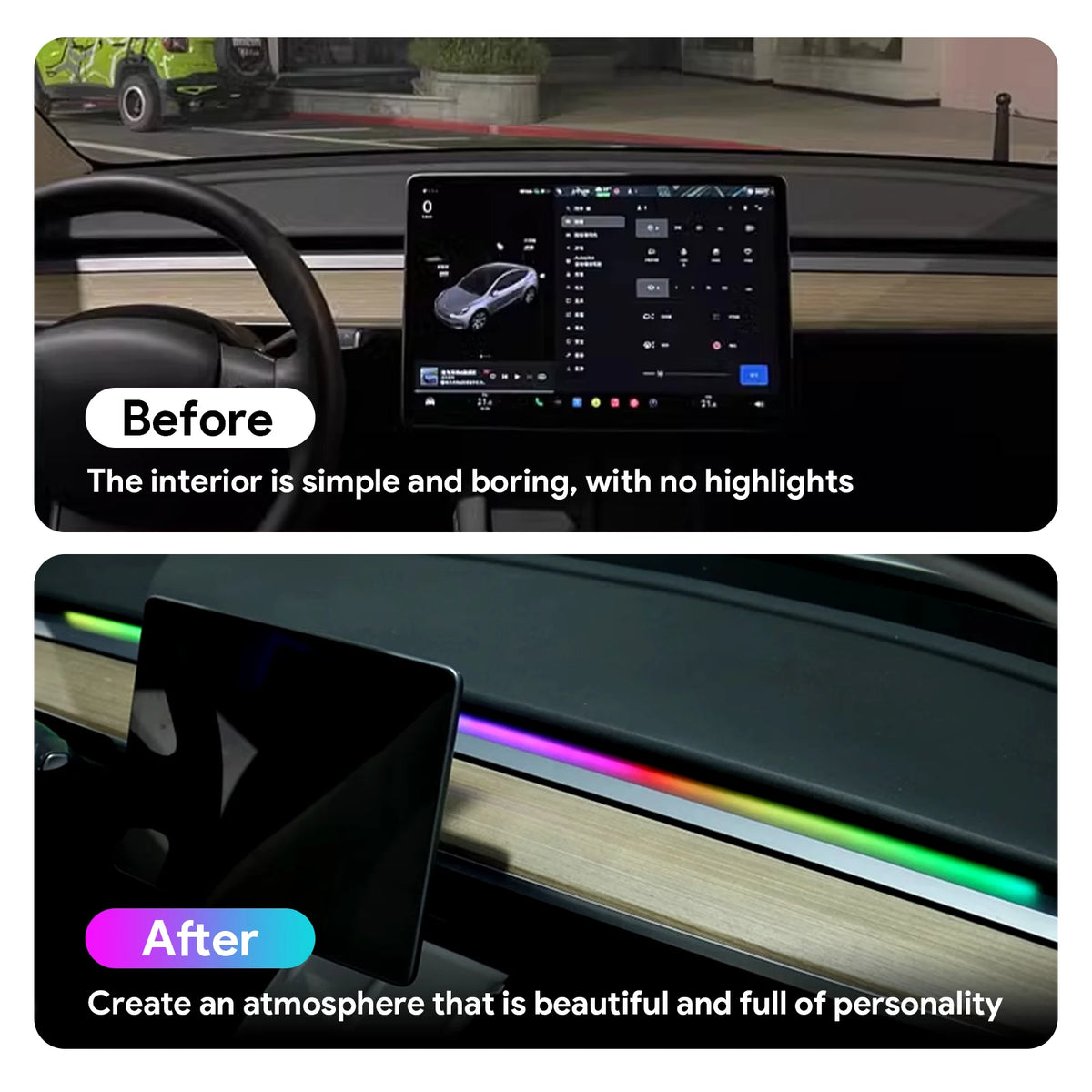 For Tesla Model 3 Y Juniper 2019-2026 USB Port Ambient Light Below Dashboard Windshield APP Bluetooth Controlled Colorfu