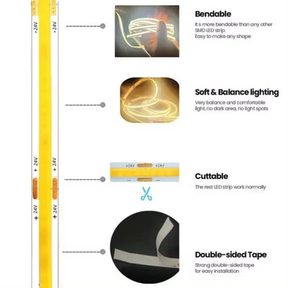 12V 24V Cob Strip Ultra Thin 8MM Tape Dc