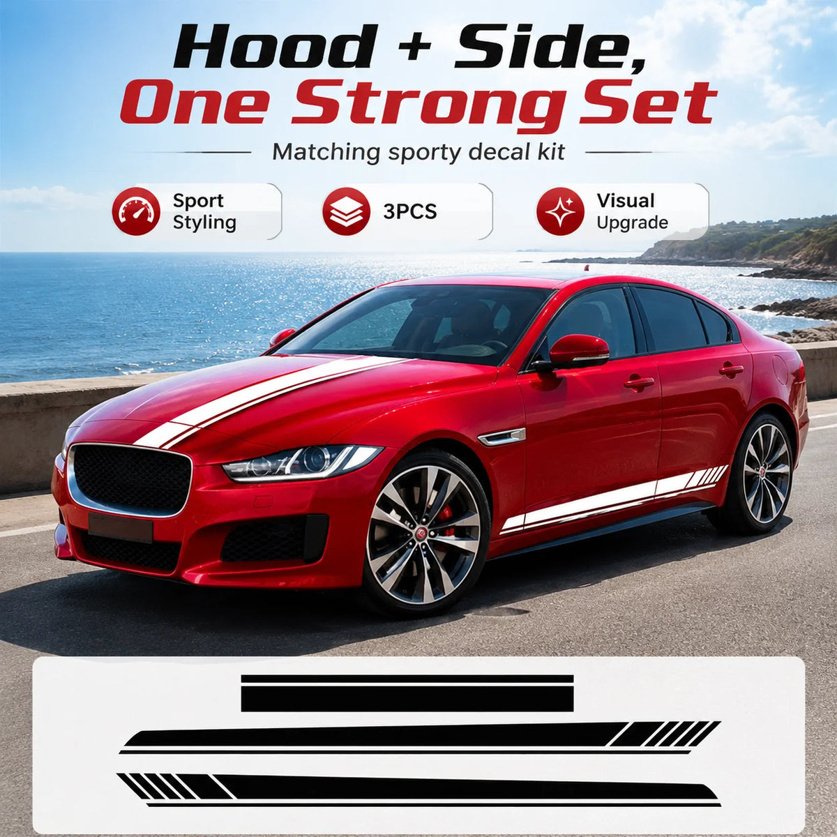 For Sedan 3PCS Black 190CM Side Skirt Vinyl Decal Sticker Body