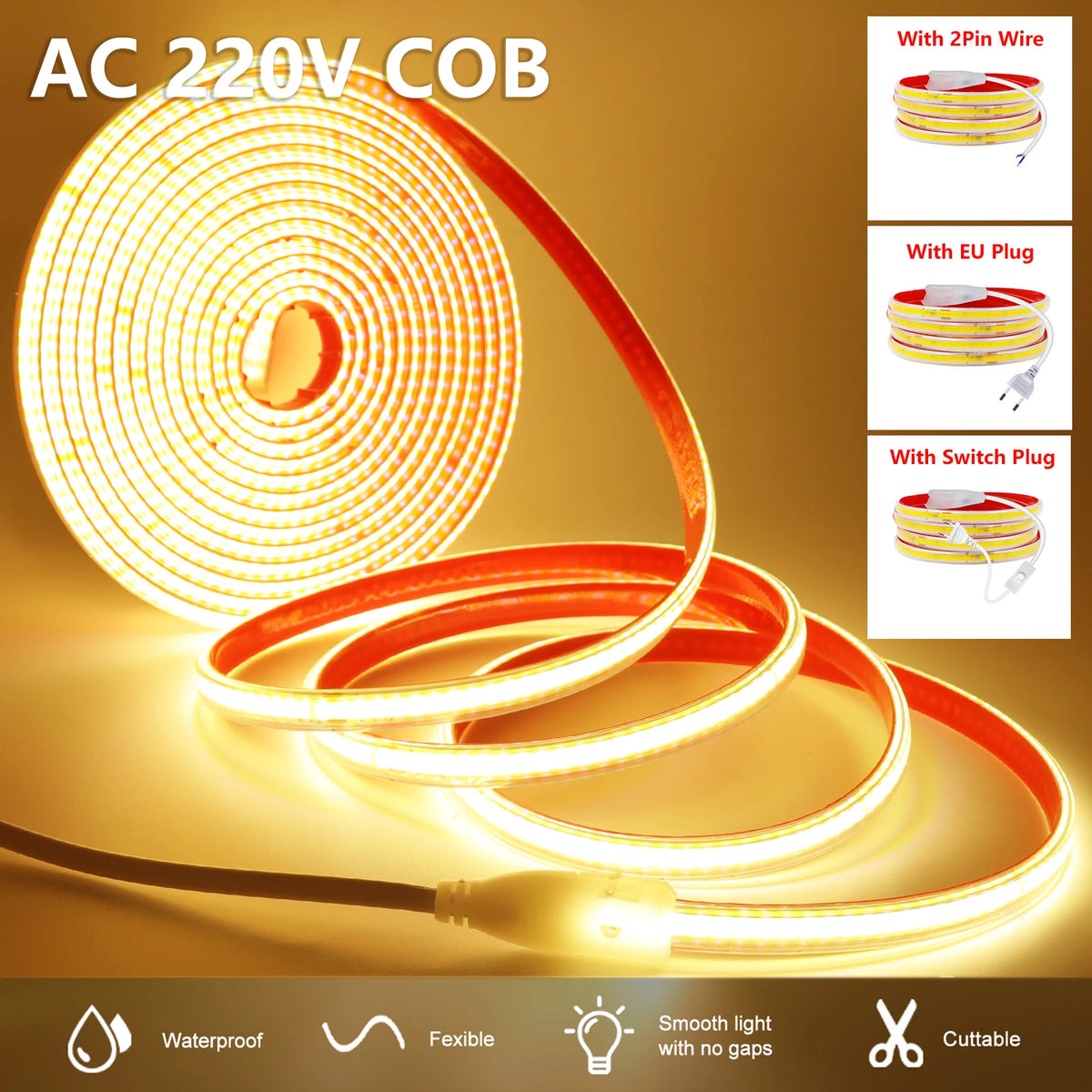 220V Cob Strip Waterproof 0.5m 5M 10M 20M 40M