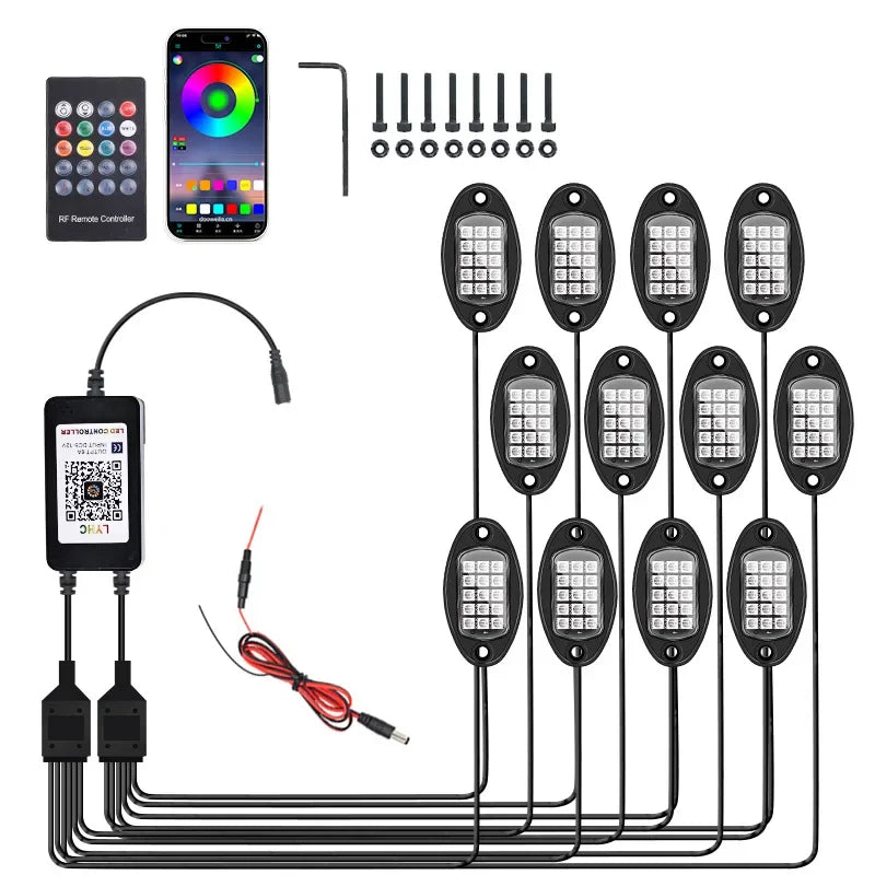 4/6/8/10/12 Pods RGB LED Rock Light APP Control Music Neon Car Underglow Chassis Light for Offroad Truck SUV Rock Ambien