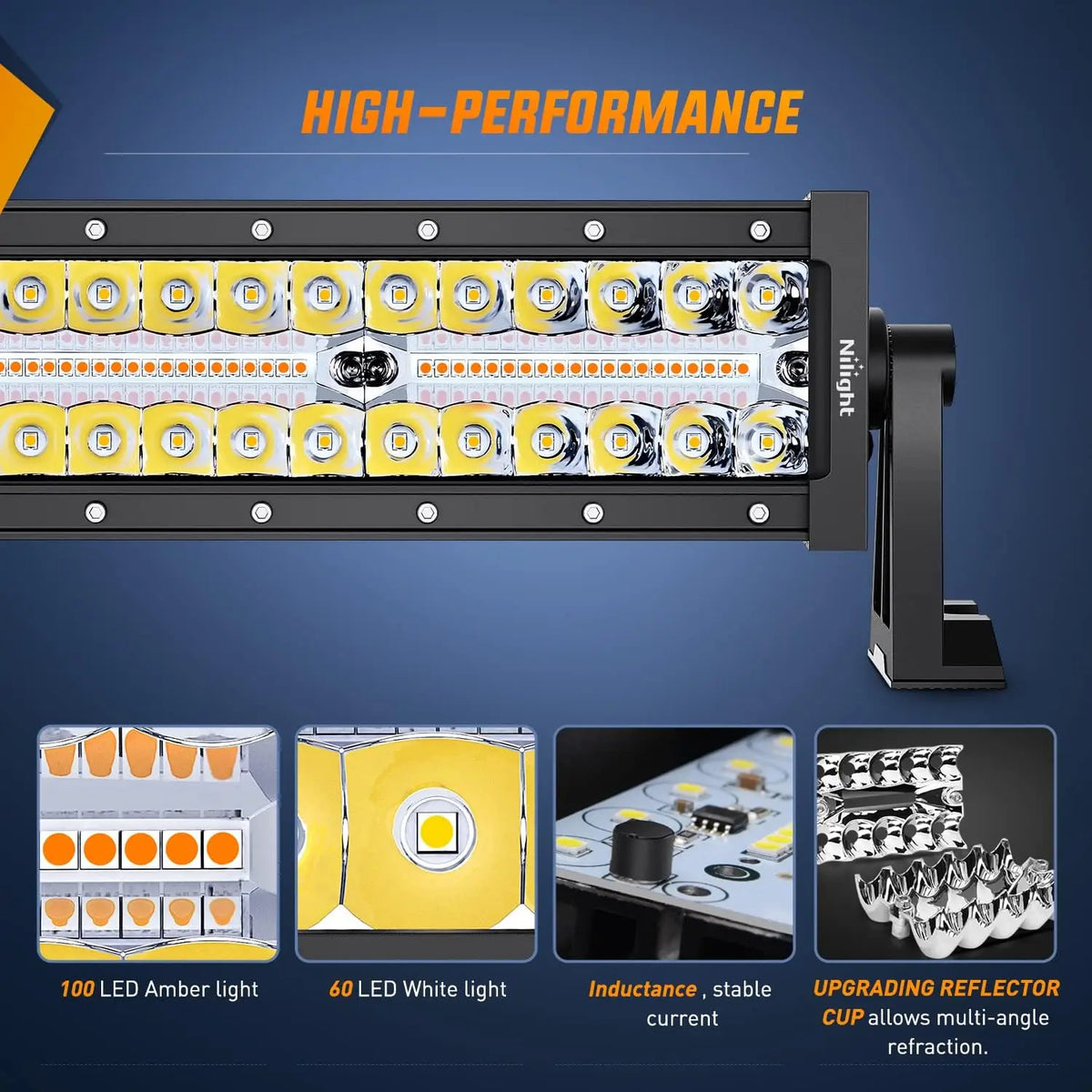 Nilight 22inch 480W Bar Spot Flood Amber White Strobe