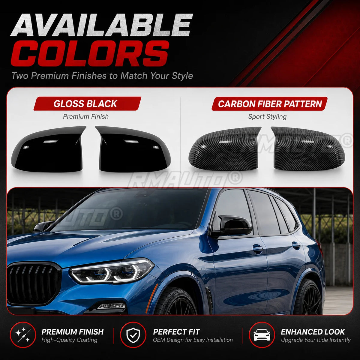 For BMW X3 X4 X5 X6 Gloss Black Horn Mirror Cover Replacement X7