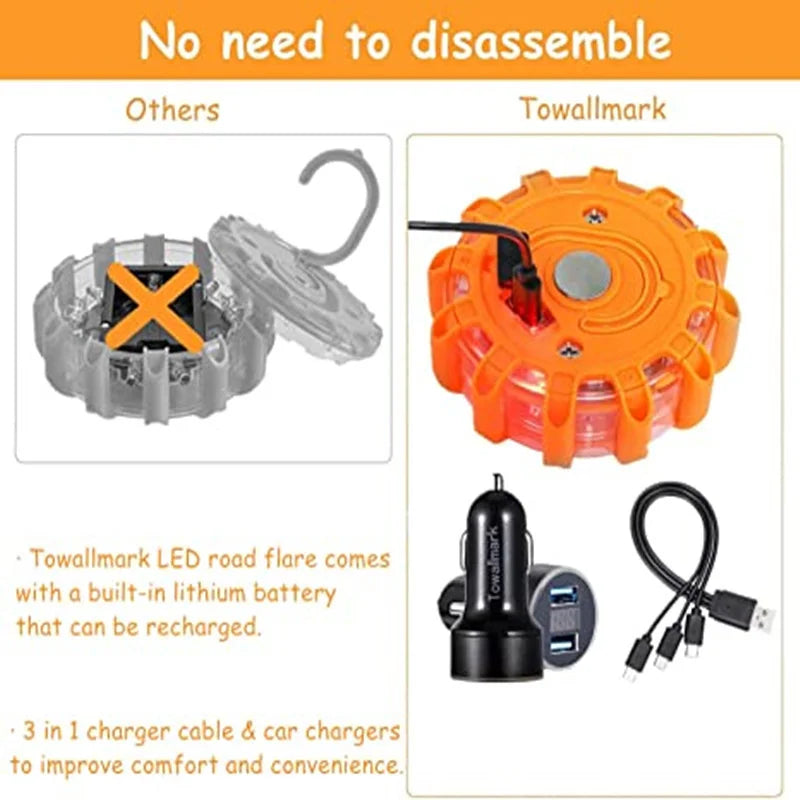 Pack Road Flares Flashing Emergency Warning USB Rechargeable Help