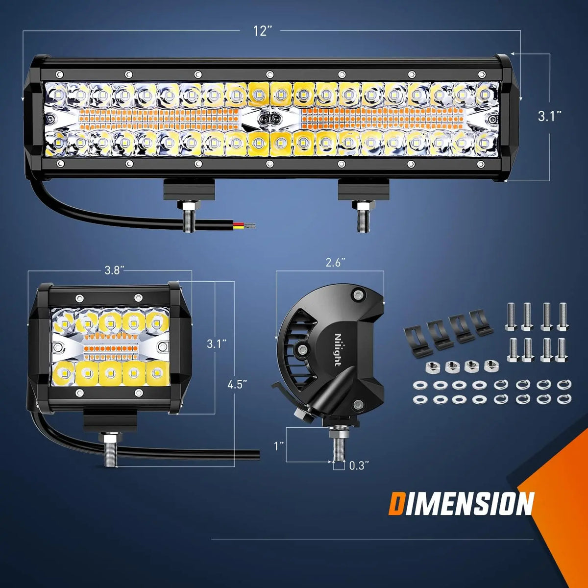 Nilight 12inch 300W Bar 2PCS 4inch 60W Pods Amber