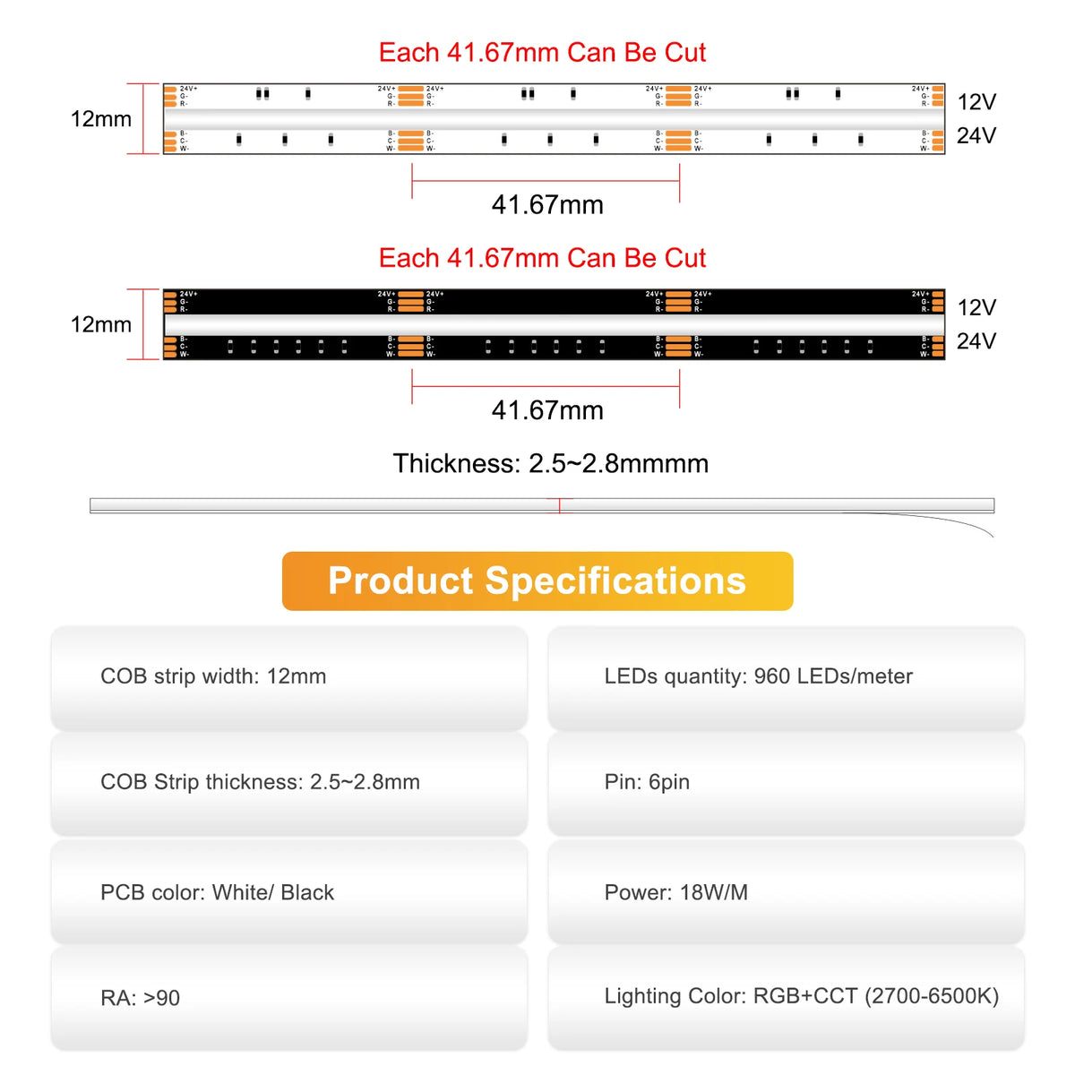 Rgbcct Cob Strip dc12v 24V Density Ribbon Tape rgb+cct