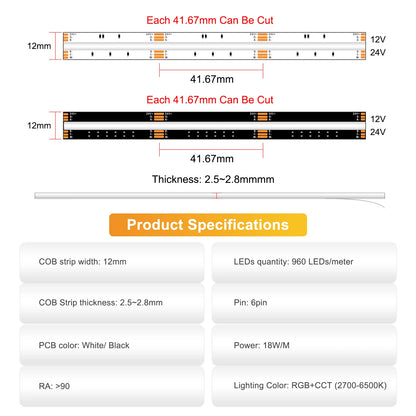 Rgbcct Cob Strip dc12v 24V Density Ribbon Tape rgb+cct