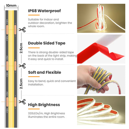 IP68 Waterproof 12V 24V Cob Strip 320leds M Black