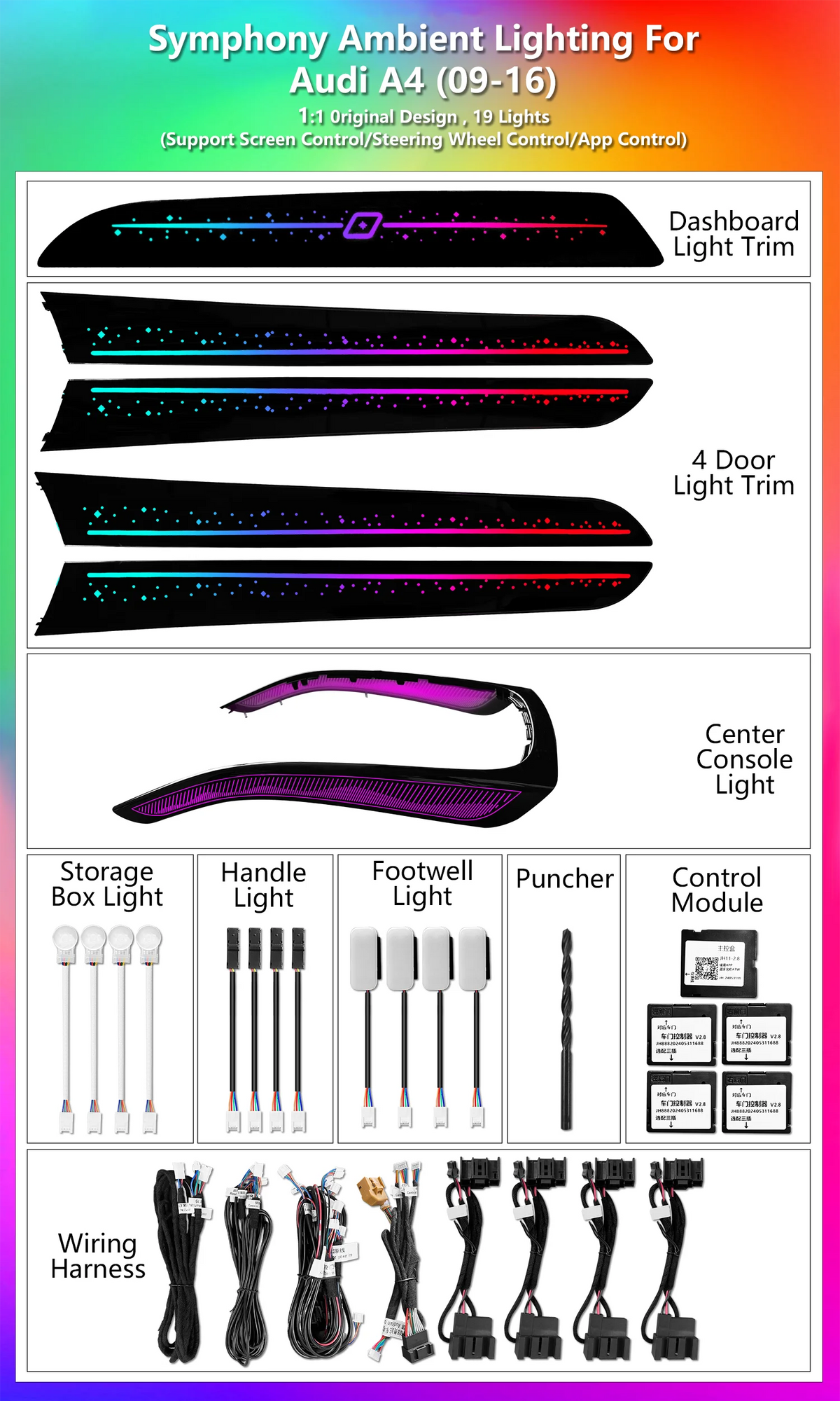 For Audi A4 B8 A5 Q5 Colors Star Sky Ambient 2010-2017