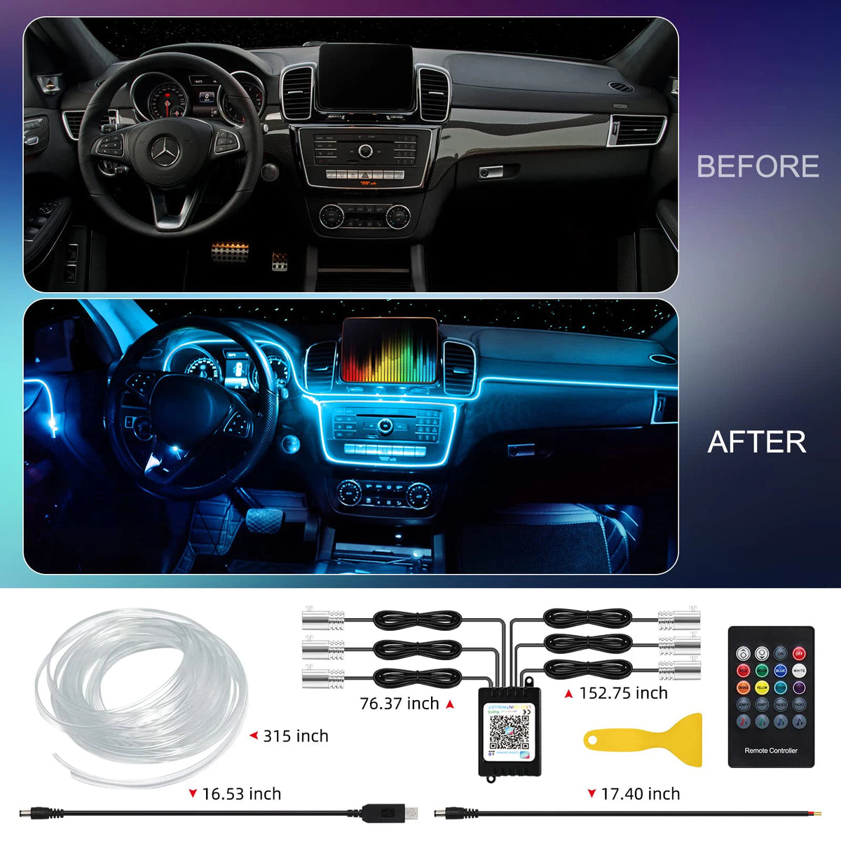 Interior RGB Fiber Optic Ambient Strip Neon Lighting Kit