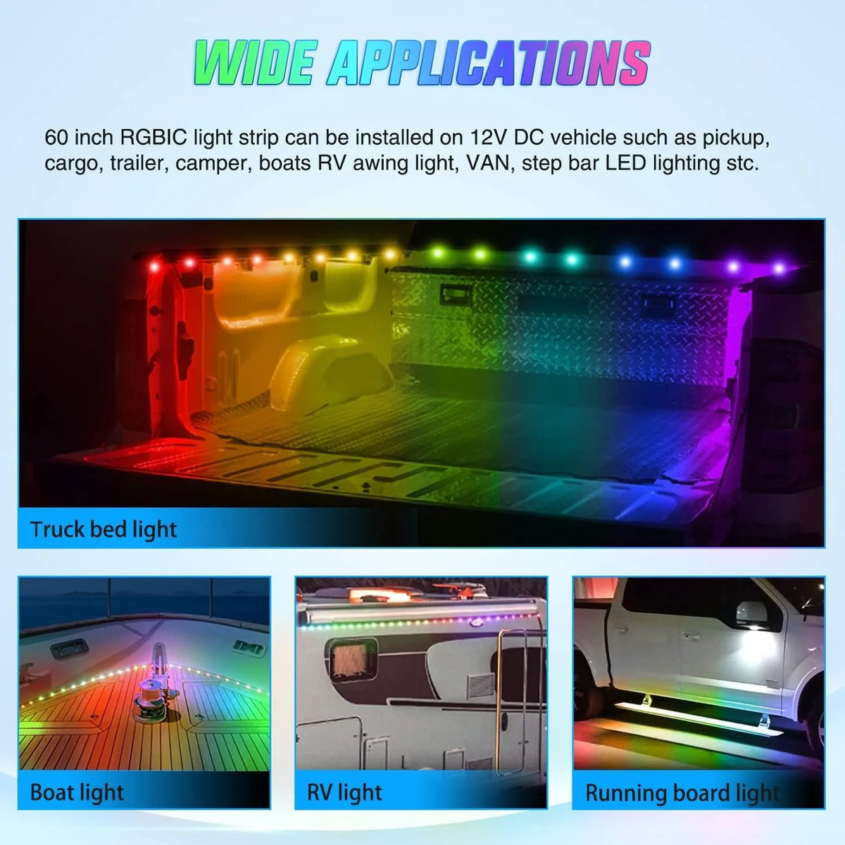 For Pickup Nilight Rgbic Truck Bed Strip 3PCS Cargo APP Rf