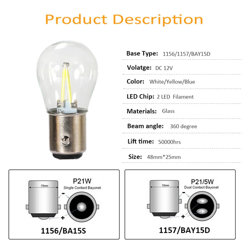 2X P21W ba15s 1156 1157 bay15d Bulb Socket Filament