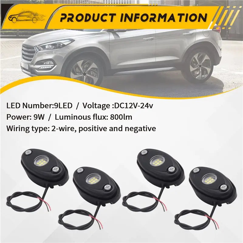 For Off Road 4PCS 9LED Super Bright Rock Kit Waterproof Neon