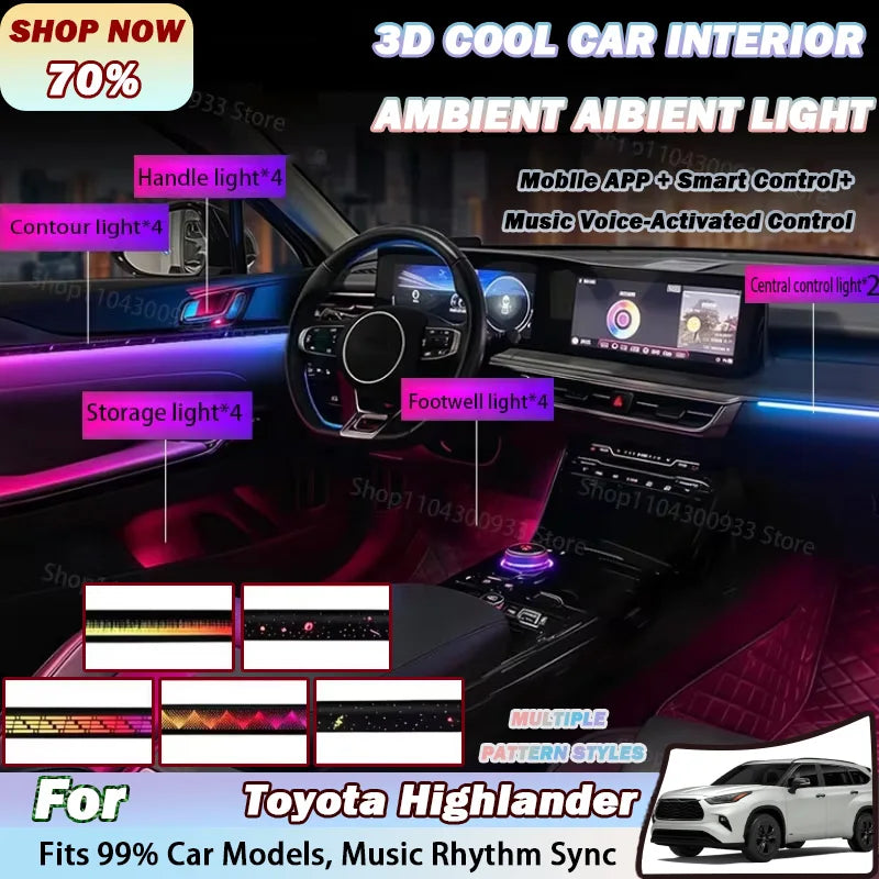 For Toyota Highlander LED Interior Ambient Strip RGB Fiber Optic