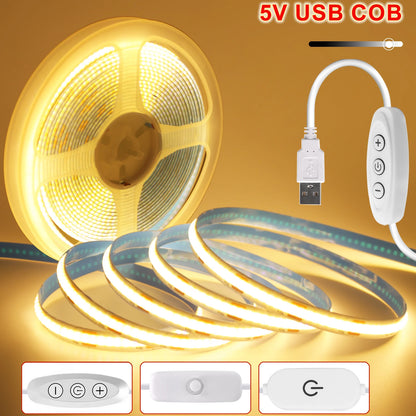 Dimmable Cob Strip 5V USB Flexible Tape On Off