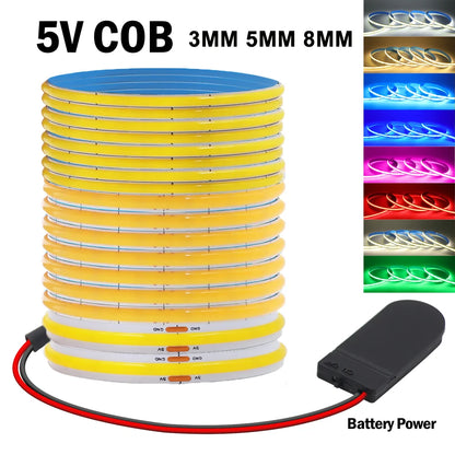 Dc 5V Cob Strip 3MM 5MM 8MM Battery Powered