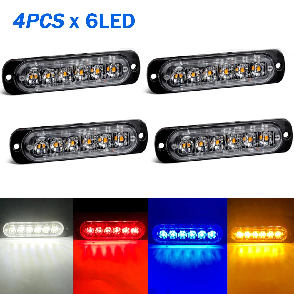 4PCS 6LED Strobe Side Warning Grille Flashing Lightbars Cars