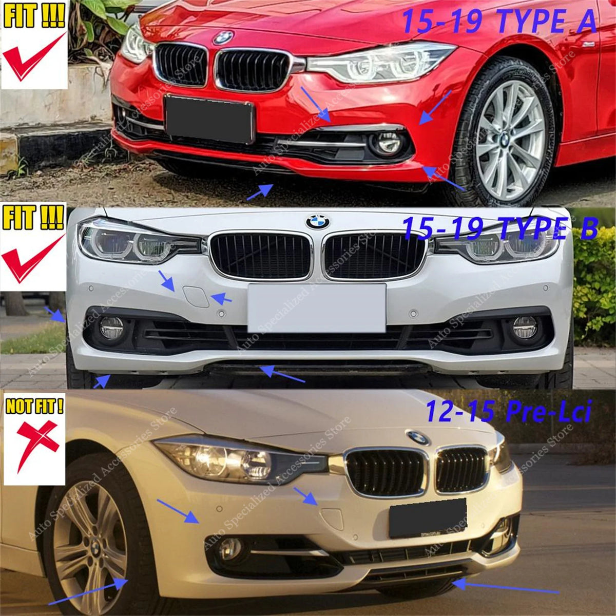 For BMW F30 F31 3PCS Front Bumper Splitter Lip Spoiler Diffuser