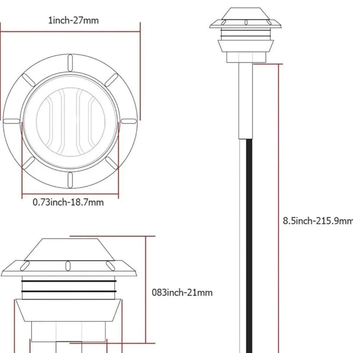 Inch 3LED Blackened Small Round Mount Rear Side Marker