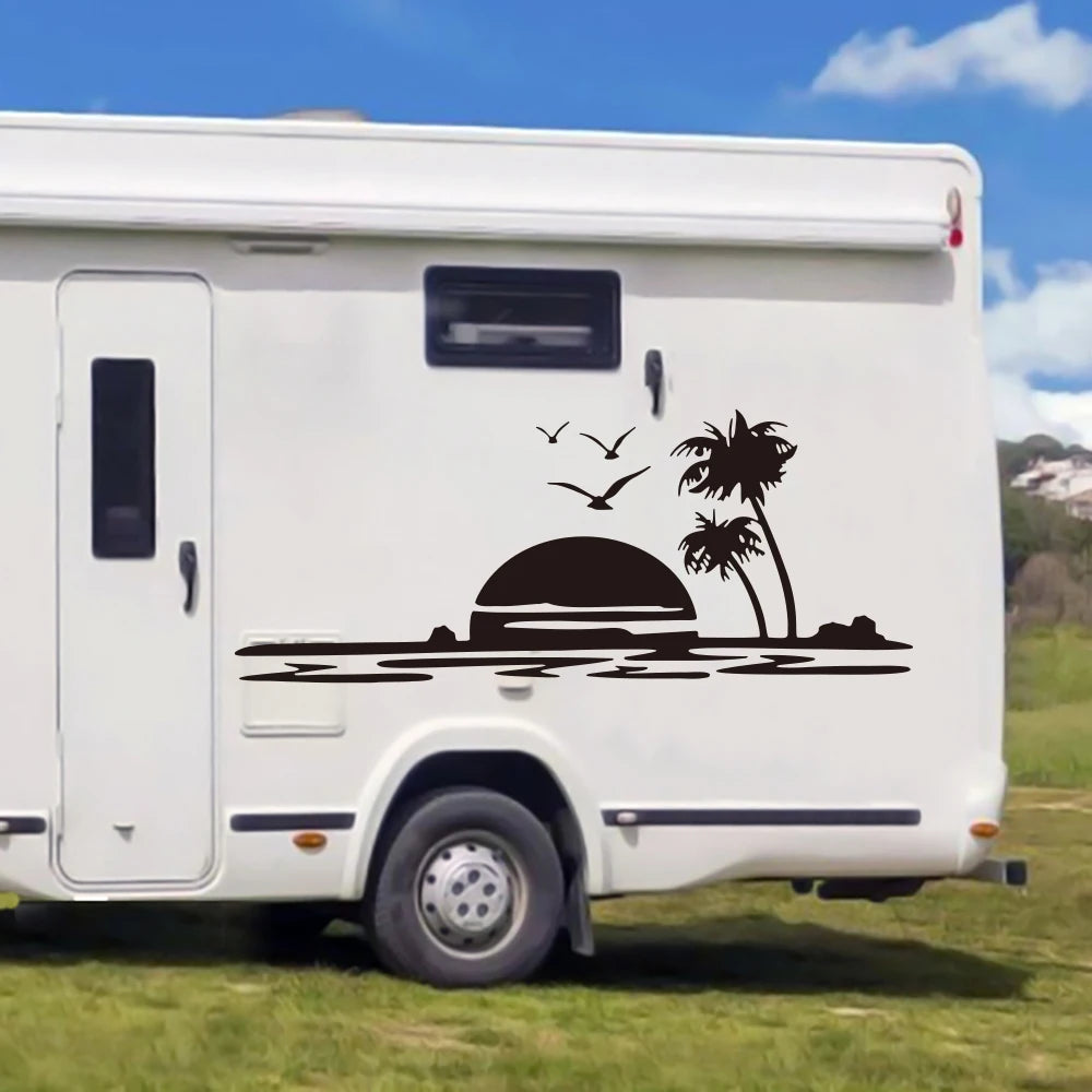 Large Sunset On Beach Tree Camper Rv Sticker Travel