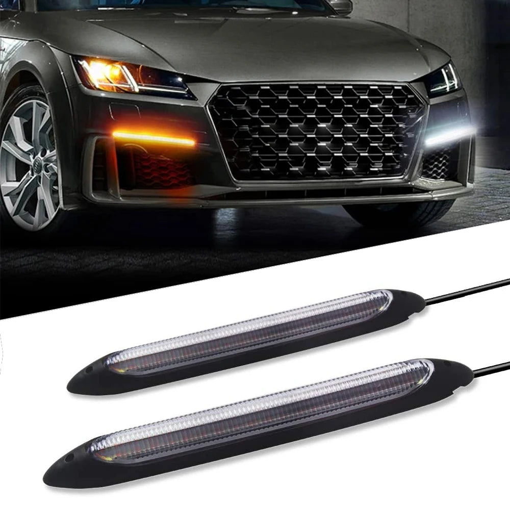 Car DRL Daytime Running Strip Headlight Ambient Decoration Turn Signal Lights Sequential Yellow Flow White Day Lamp Acce
