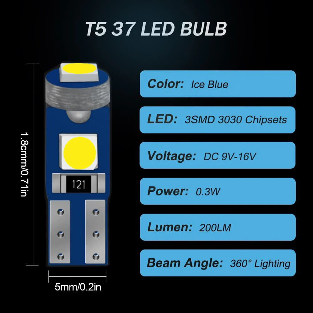 2PCS T5 Bulb Dashboard Warning Indicator 1SMD 3030 Wedge