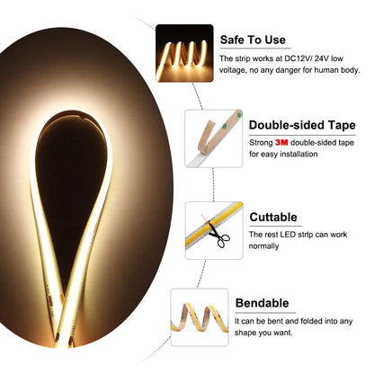 For Home Decor 3000K 4000K 6000K 5MM 8MM Cob Strip 12V 24V