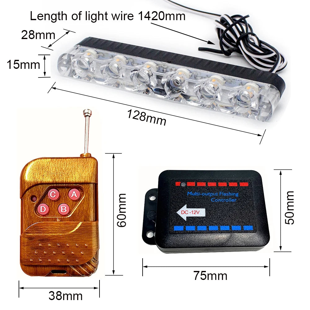 6LED Flashing Grille Wireless Remote Emergency Strobe 12V Warning