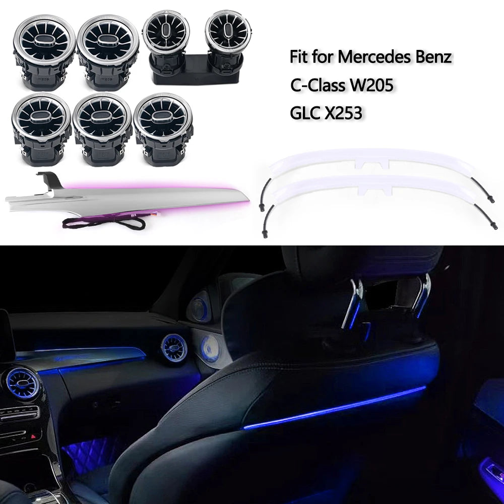 For Mercedes Benz W205 GLC X253 3 Color LED Turbine Nozzle Air Vents Lights Passenger Panel Copilot LED Strip Seat Back 