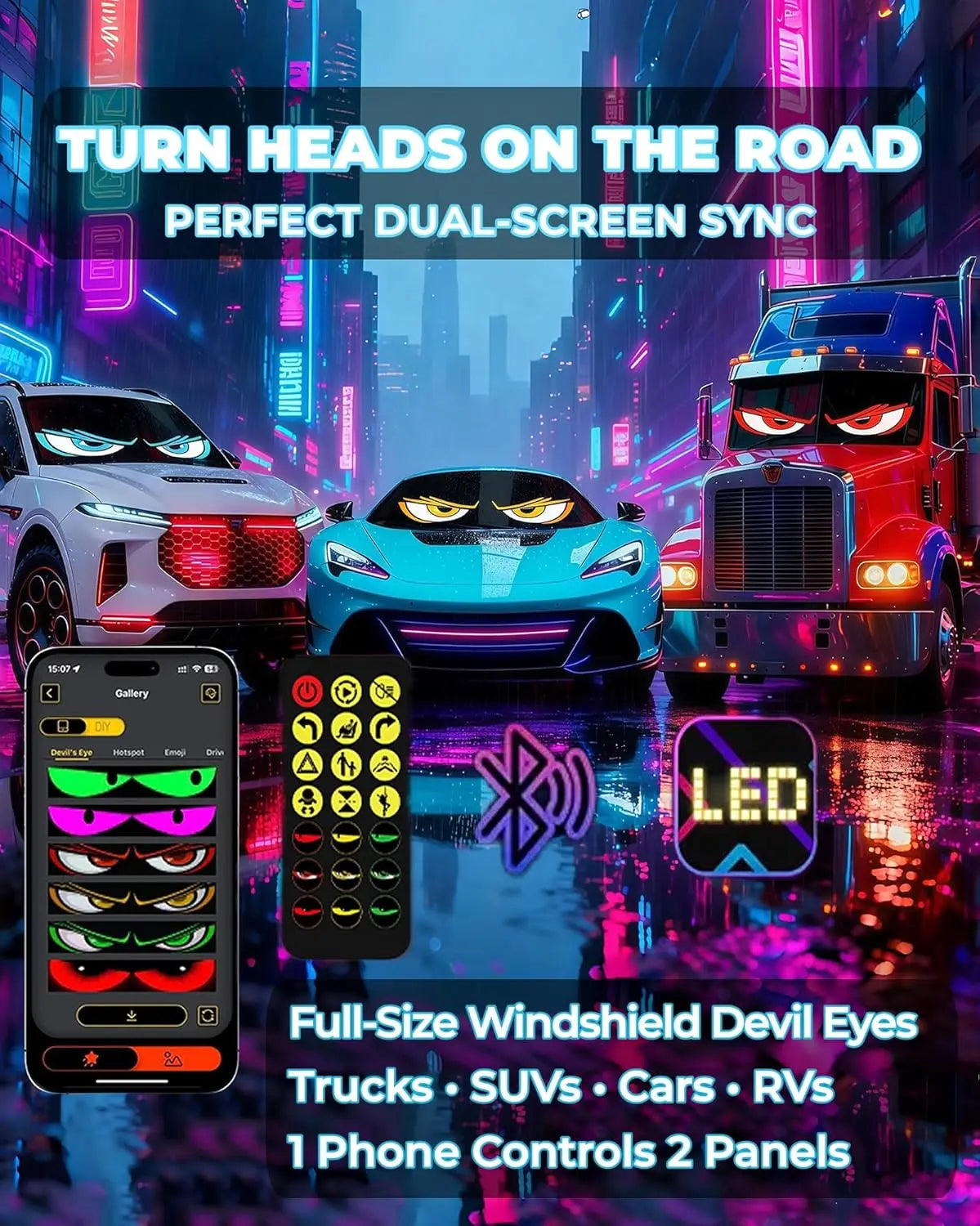 Pair Signs Windshield Dynamic Devil Eyes Flexible Display Dual